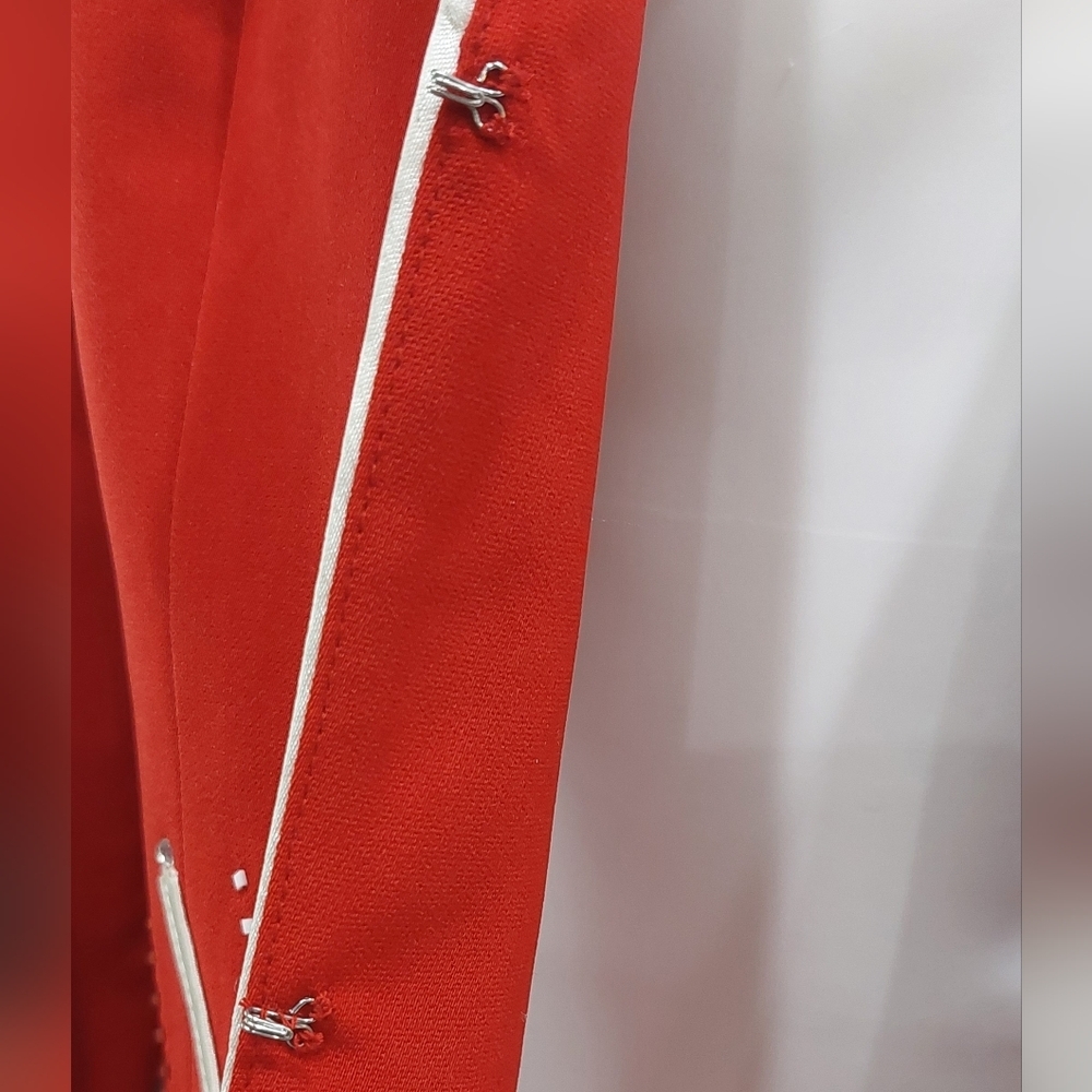 Elegant Red Blazer with White Trim & Rhinestone Detail Chic Statement Jacket NEW - Picture 6 of 12